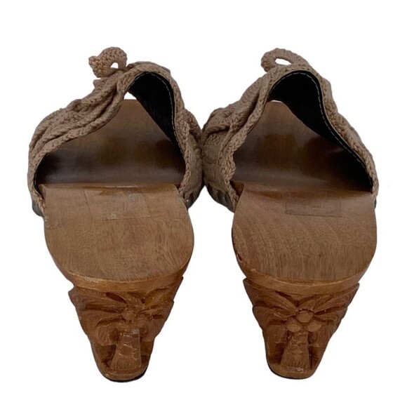 Vtg Bakya handcarved wooden heel tree palm crochet beige top slide tiki hut Sz 7 - Picture 5 of 12
